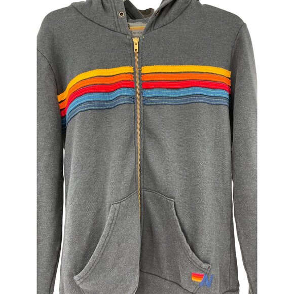 Aviator Nation Vintage-Look Gray Hoodie Rainbow Stripes & Front Zip Closure - Picture 4 of 10